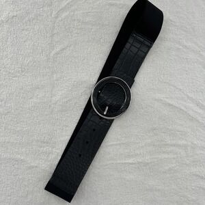 Nine West Black Faux Snake Pink Round Silver Buckle Stretch Belt Size M/L